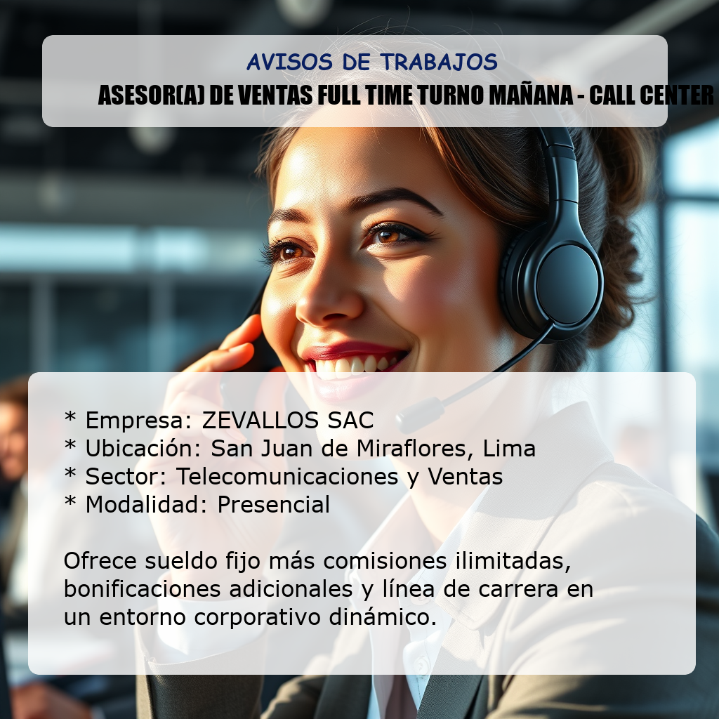 Asesor(a) de Ventas Full Time Turno Mañana - Call Center ZEVALLOS SAC