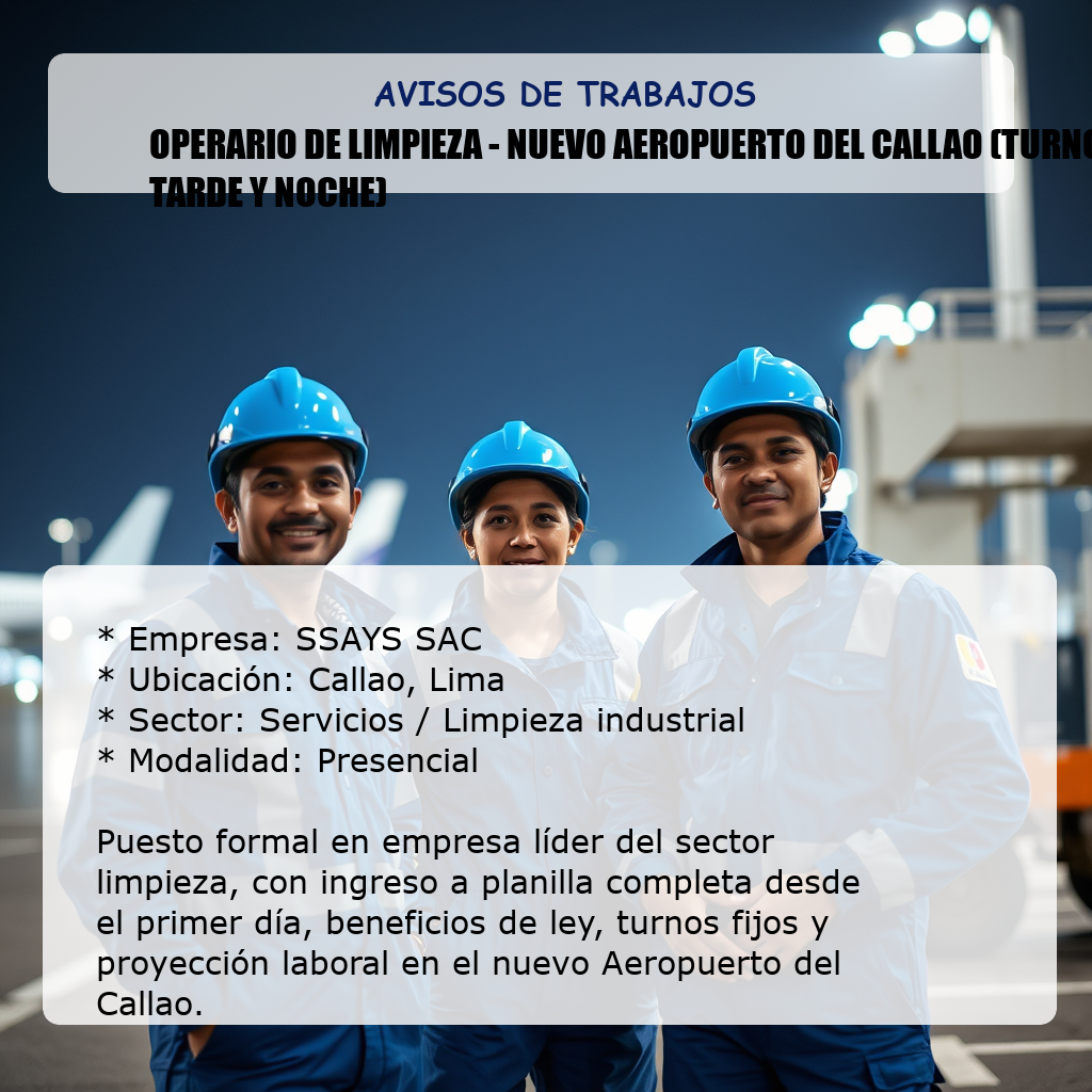 Operario de Limpieza - Nuevo Aeropuerto del Callao (Turnos Tarde y Noche) SSAYS SAC