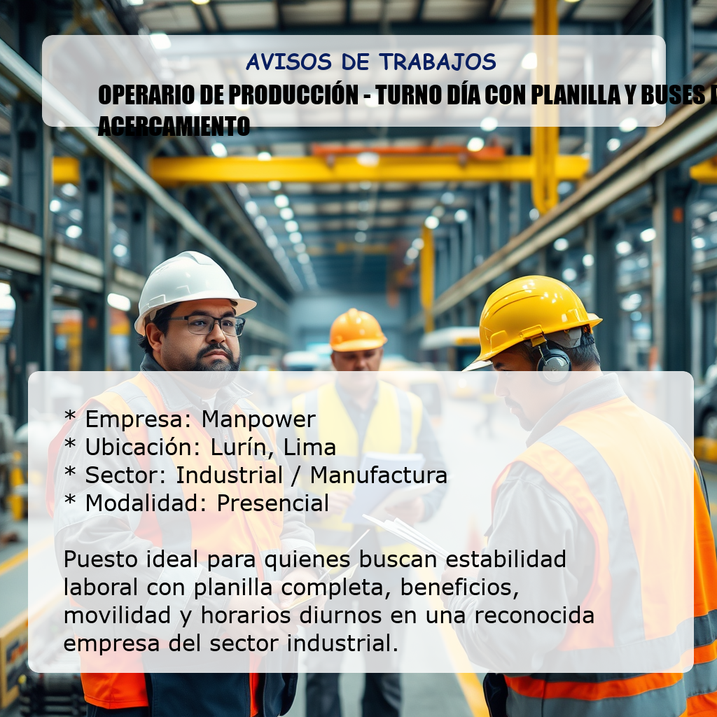Operario de Producción - Turno Día con Planilla y Buses de Acercamiento Manpower