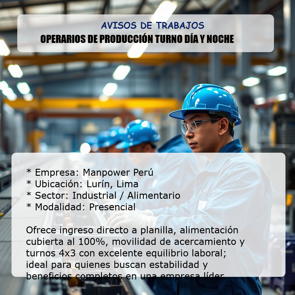 Operarios de Producción Turno Día y Noche Manpower Perú