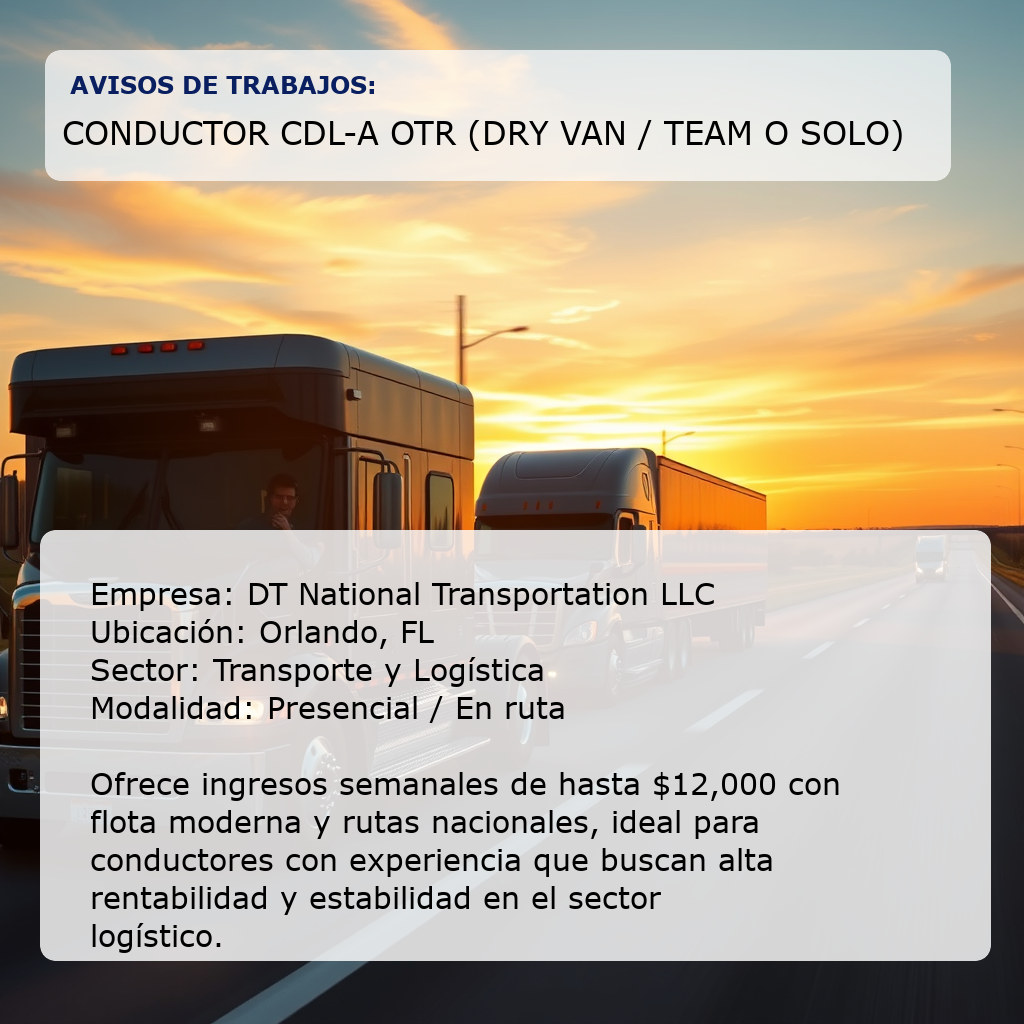 Conductor CDL-A OTR (Dry Van / Team o Solo) DT National Transportation LLC