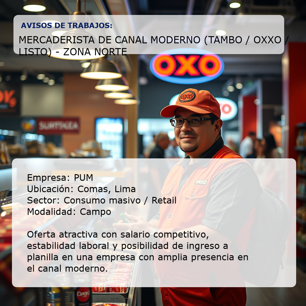 Mercaderista de canal moderno (Tambo / Oxxo / Listo) - Zona Norte PUM