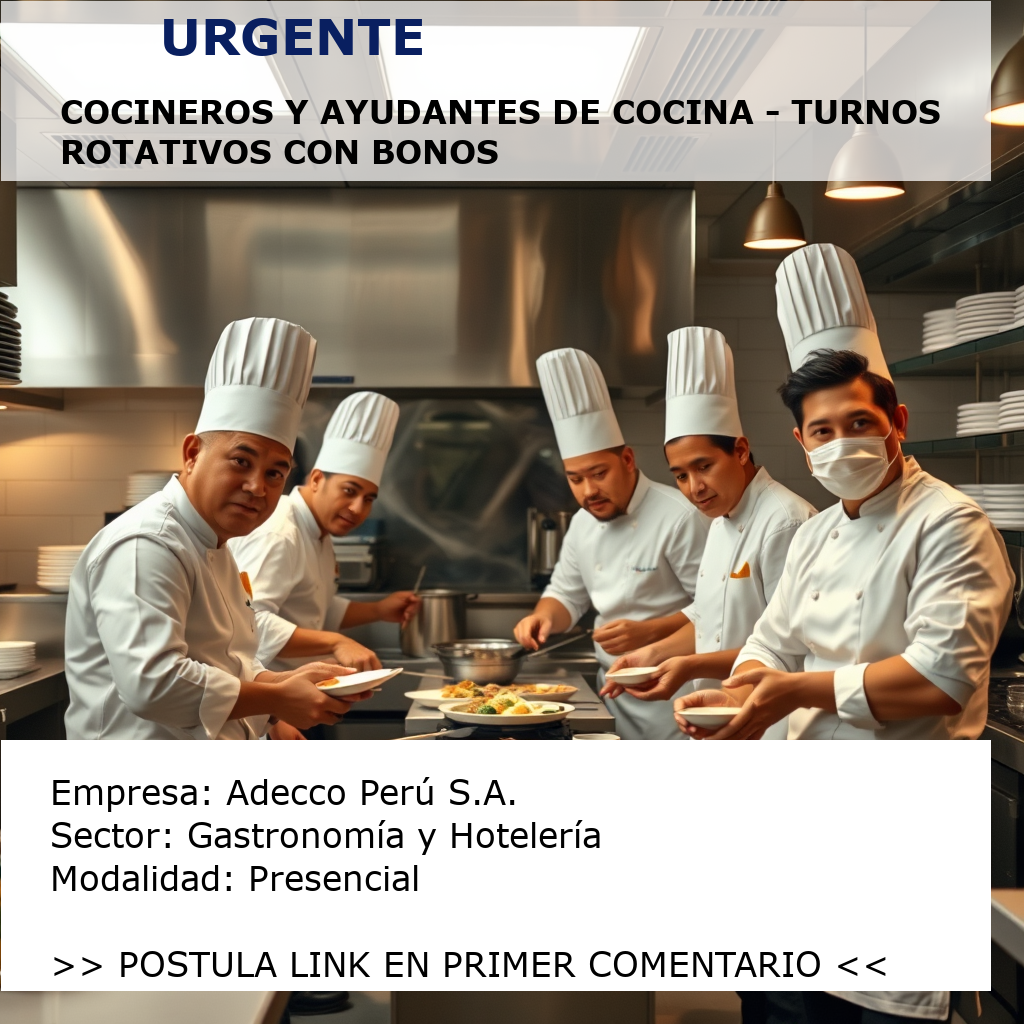 Cocineros y Ayudantes de Cocina - Turnos Rotativos con Bonos Adecco Perú S.A.